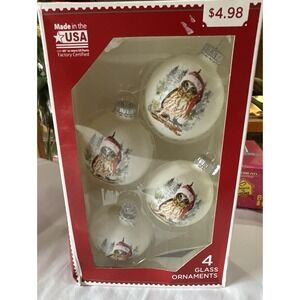Glass Christmas Ornaments Woodland OWL in Santa Hat-Made in USA